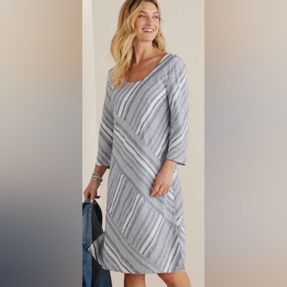 NWT....$140 Soft Surroundings White/Blue Sonya Linen Blend Dress Size XL
